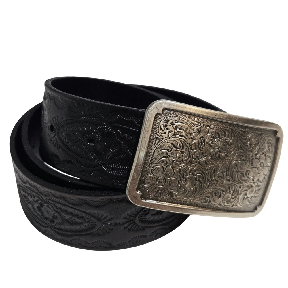 Fossil Belt Mens S Black Leather Embossed Floral Western Tooled Large Buckle VTG